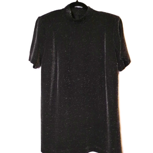 Mock Turtleneck Black Large metallic knit top short sleeve dressy classy
