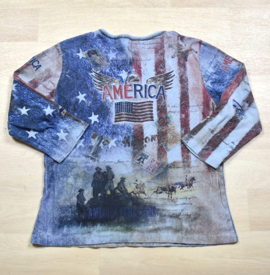 Y2K America AOP 3/4 Sleeve Tee T shirt Patriotic USA Americana Size Large VTG