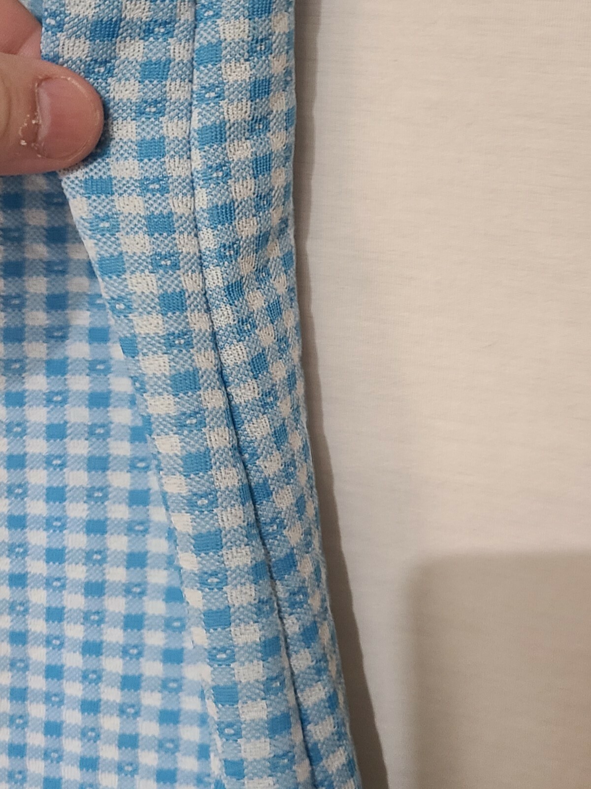Vtg ‘70s A Nancy Frock Belted House Dress Blue/White Gingham Asymmetrical Button