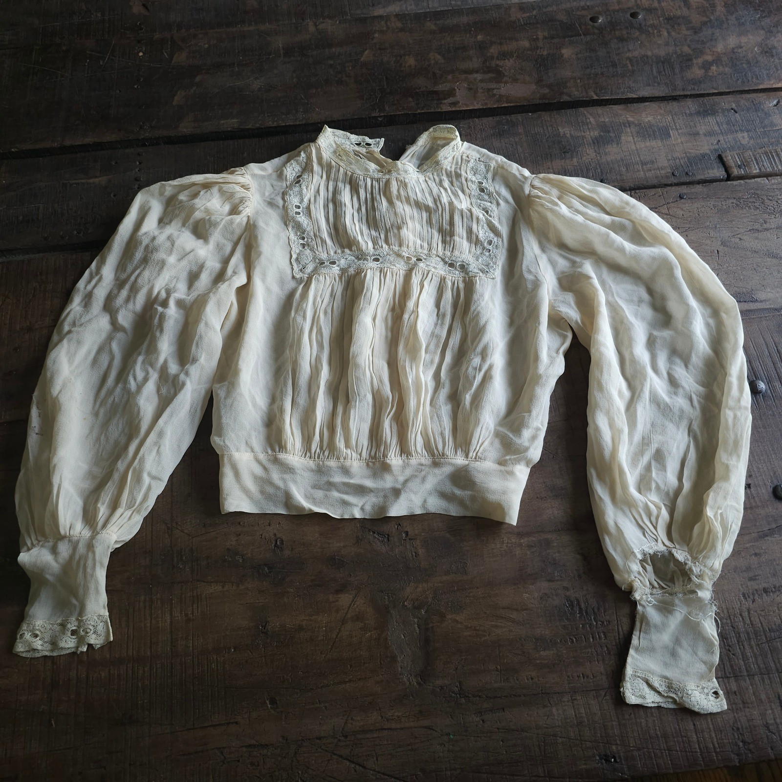Antique Edwardian Pigeon Breast Blouse Lace Trim Bishop Sleeve Cream Top AS IS