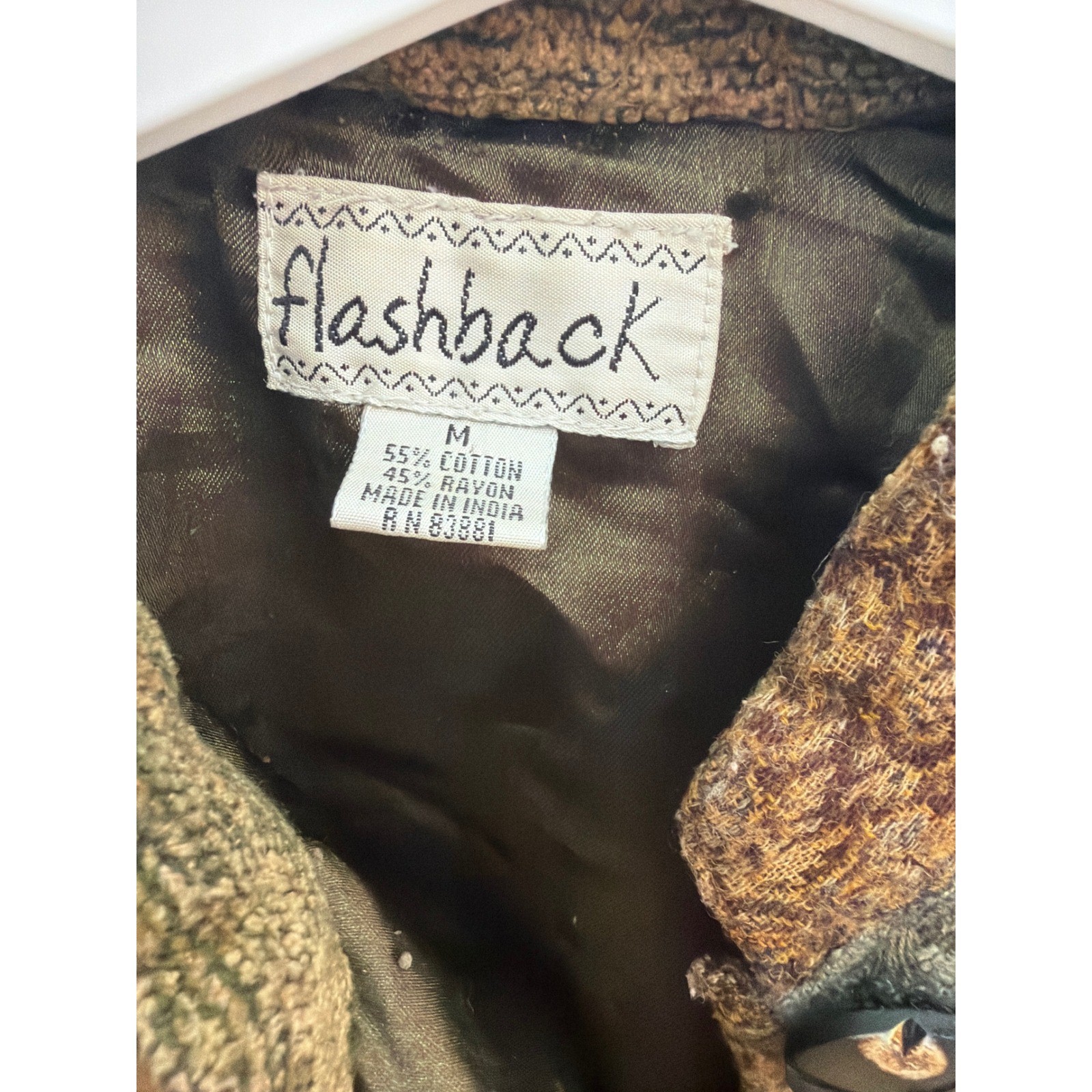 Flashback Vintage Patchwork Jacket Green Brown Cotton Rayon Boho Medium
