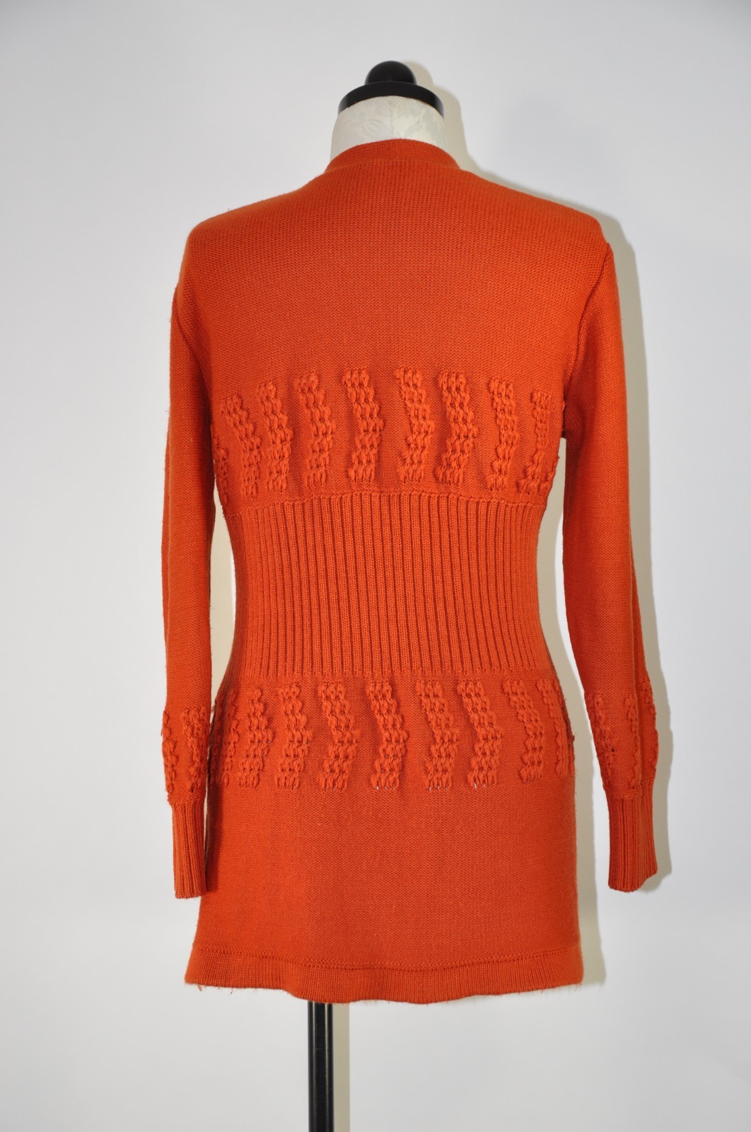70s Autumn Rust Orange Pointelle Ribbed Knit Button Up Sweater Cardigan Women M