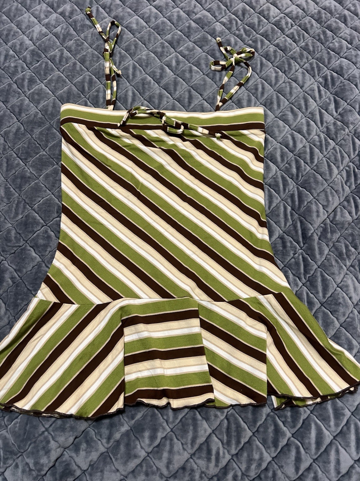 90s Y2K Vintage Camisole Top XL Green Brown Striped Peplum Grunge