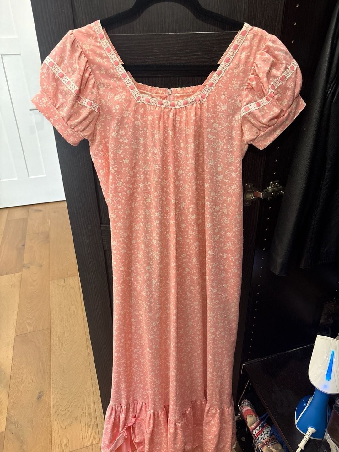 Vintage Hilda Hawaii Pink Floral Muumuu Maxi Dress with Lace Trim and Ruffled He