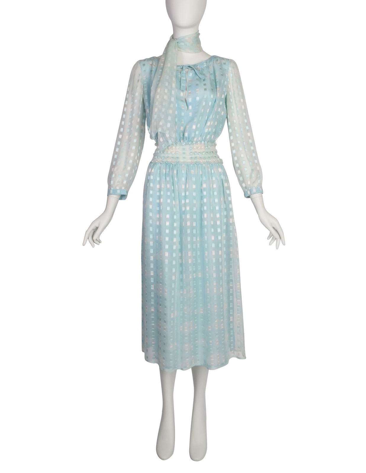 Courreges Vintage 1970s Baby Blue Cloud Print Silk Chiffon Dress and Scarf Ensem