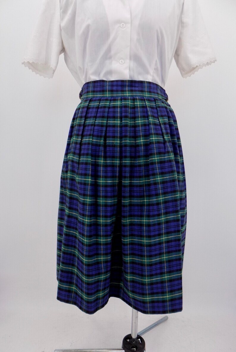Vintage 90s does 50s David Brooks Green, Blue, and Yellow Plaid A-Line Skirt W26