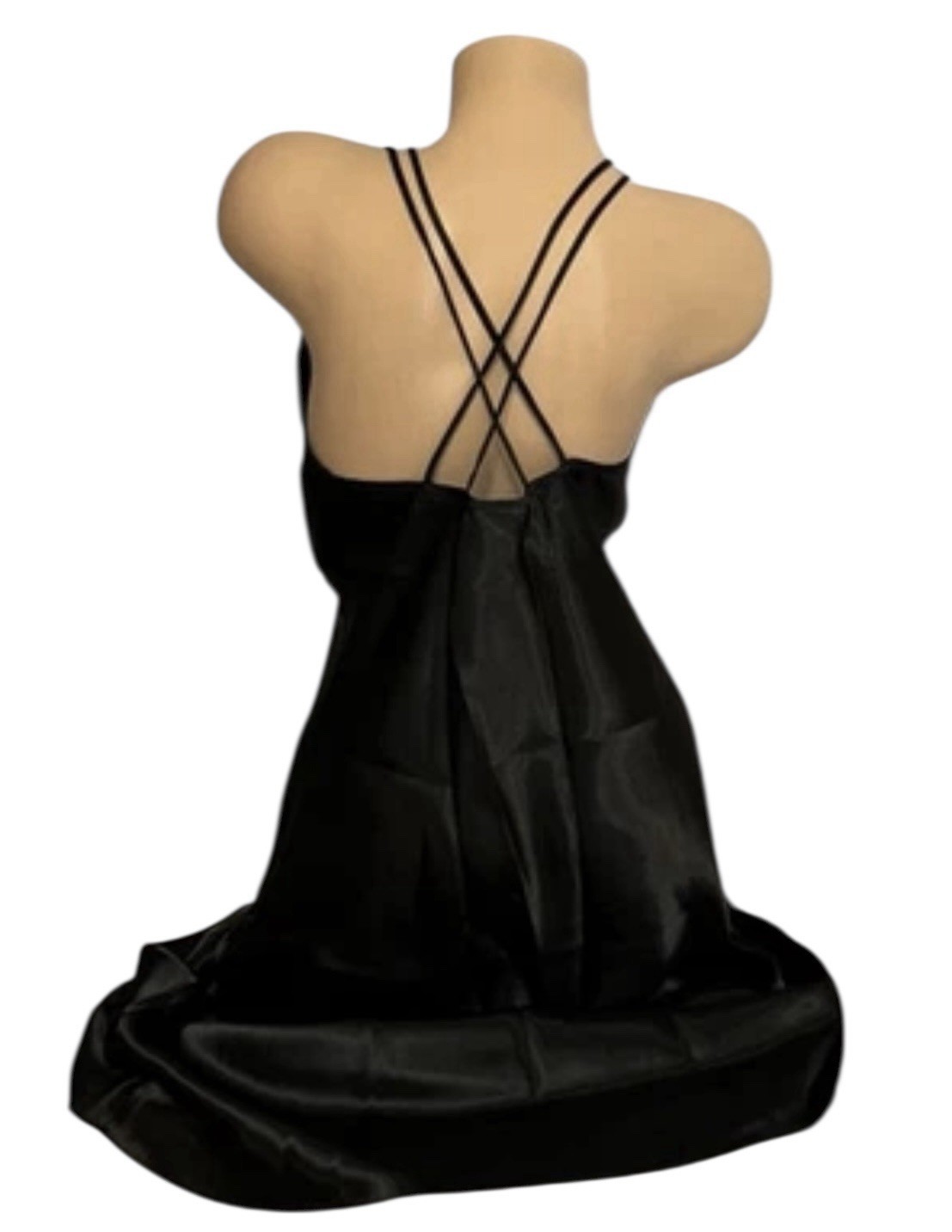 SEARS INTIMO AMORE Black Shiny Satin Sheer Embroidery Lace Long Nightgown M NWOT