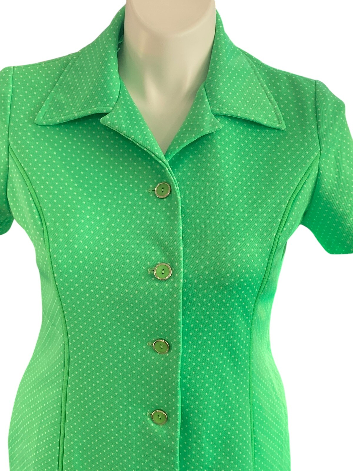 VTG Women’s Lorac Originals Green Polka Dot Shirt Dress USA Union 70’s