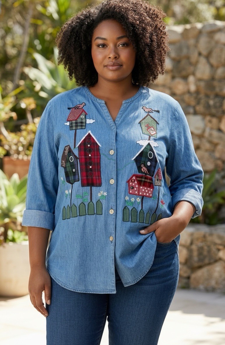 Vintage Women’s 14 Cottage Core Granny Denim Embroidered Birdhouse Top *READ*