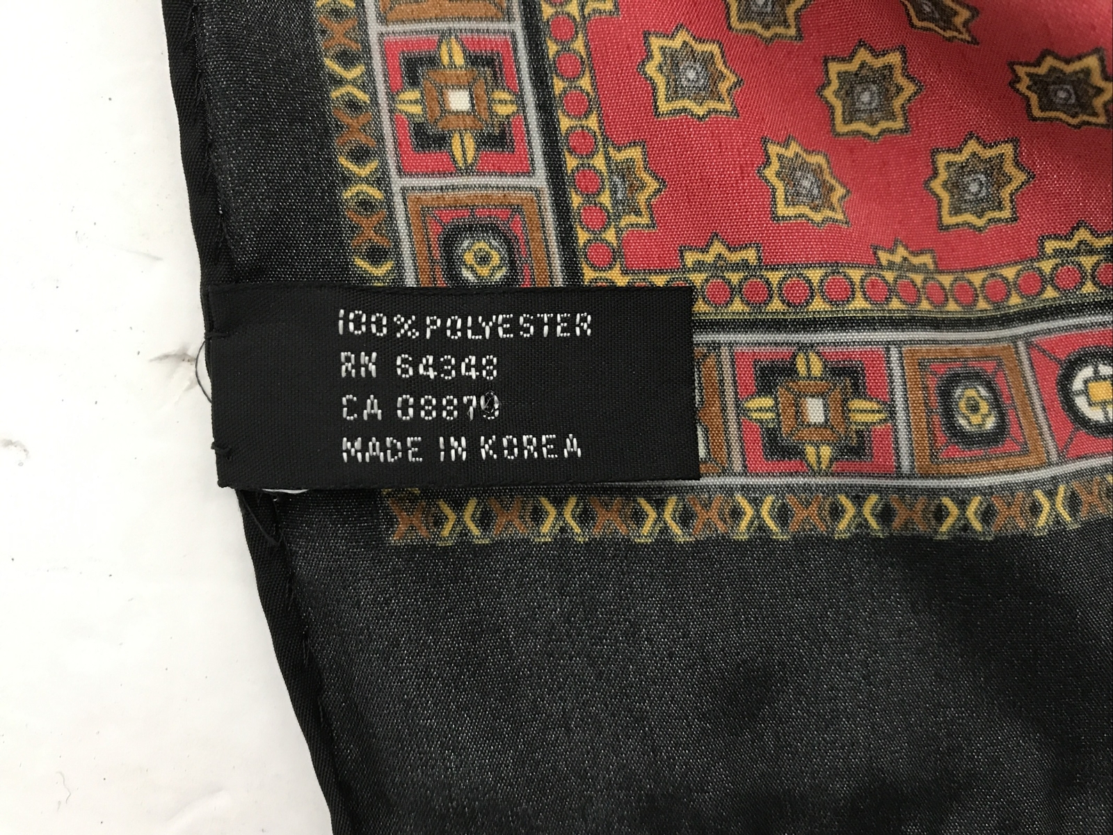 Vintage Polyester Made in Korea 52”x10″ Red, Black, Gold Tone Scarf