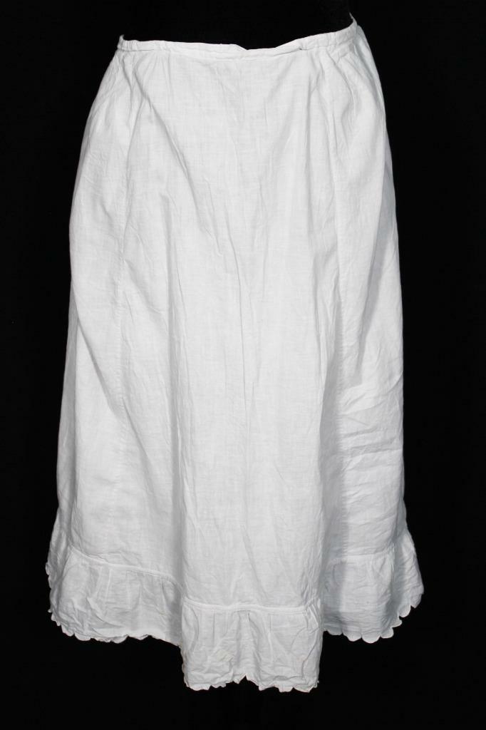 RARE ANTIQUE FRENCH EDWARDIAN WHITE COTTON PETTICOAT SKIRT 36″ WAIST 32″L