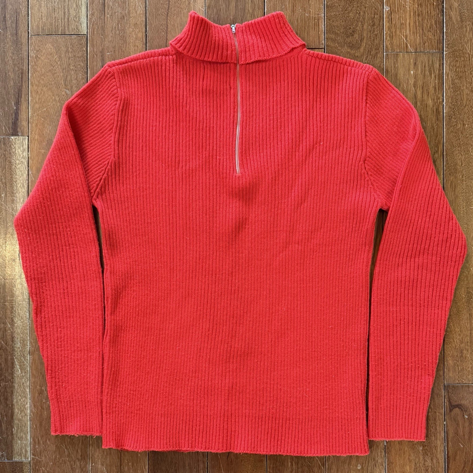 VTG 60s Burnt Orange Ribbed Velma Mock Turtleneck Sweater Back Zip Women Sz L