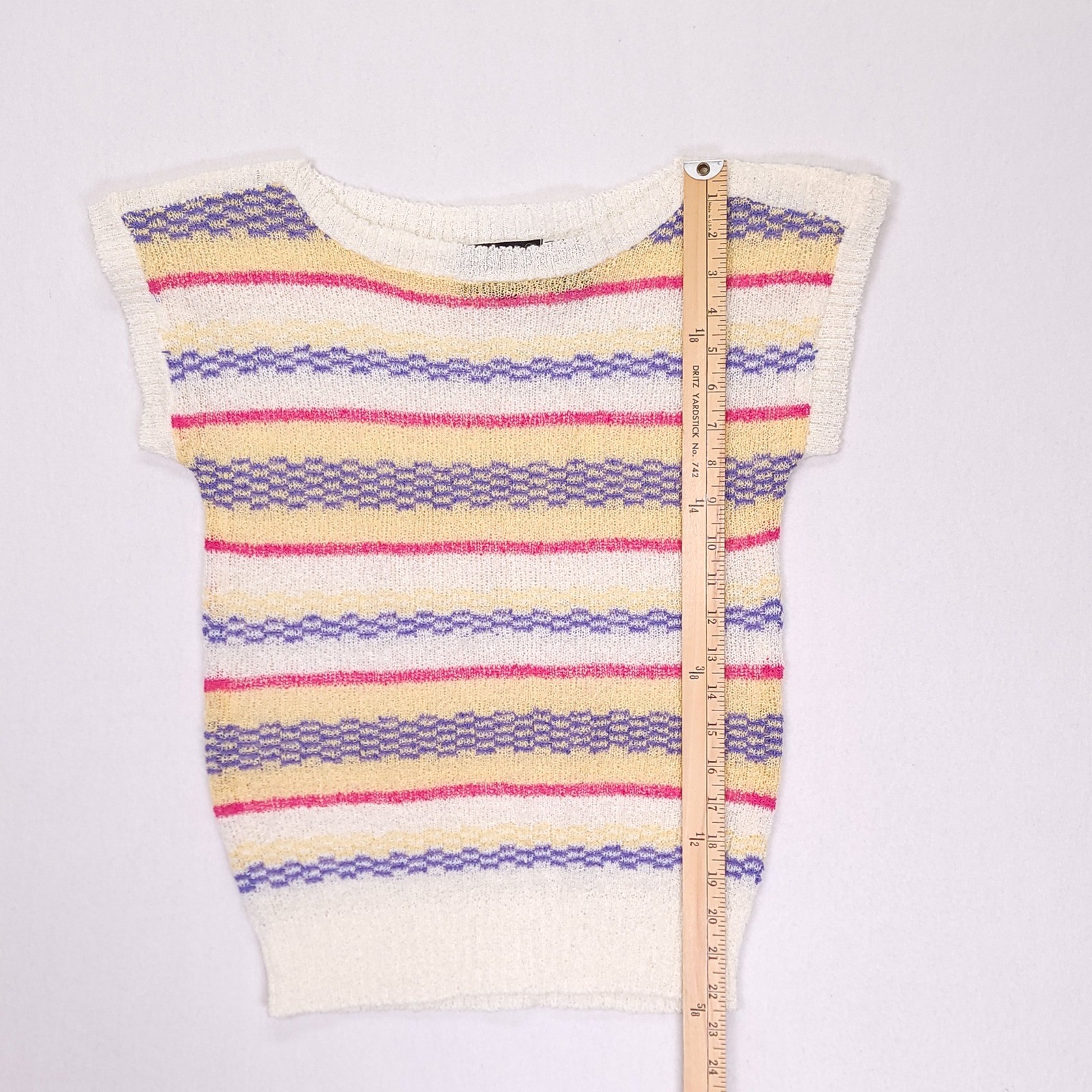 Cadogan Court Sportswear Vintage Knit Striped Short Sleeve Top White Pink Medium