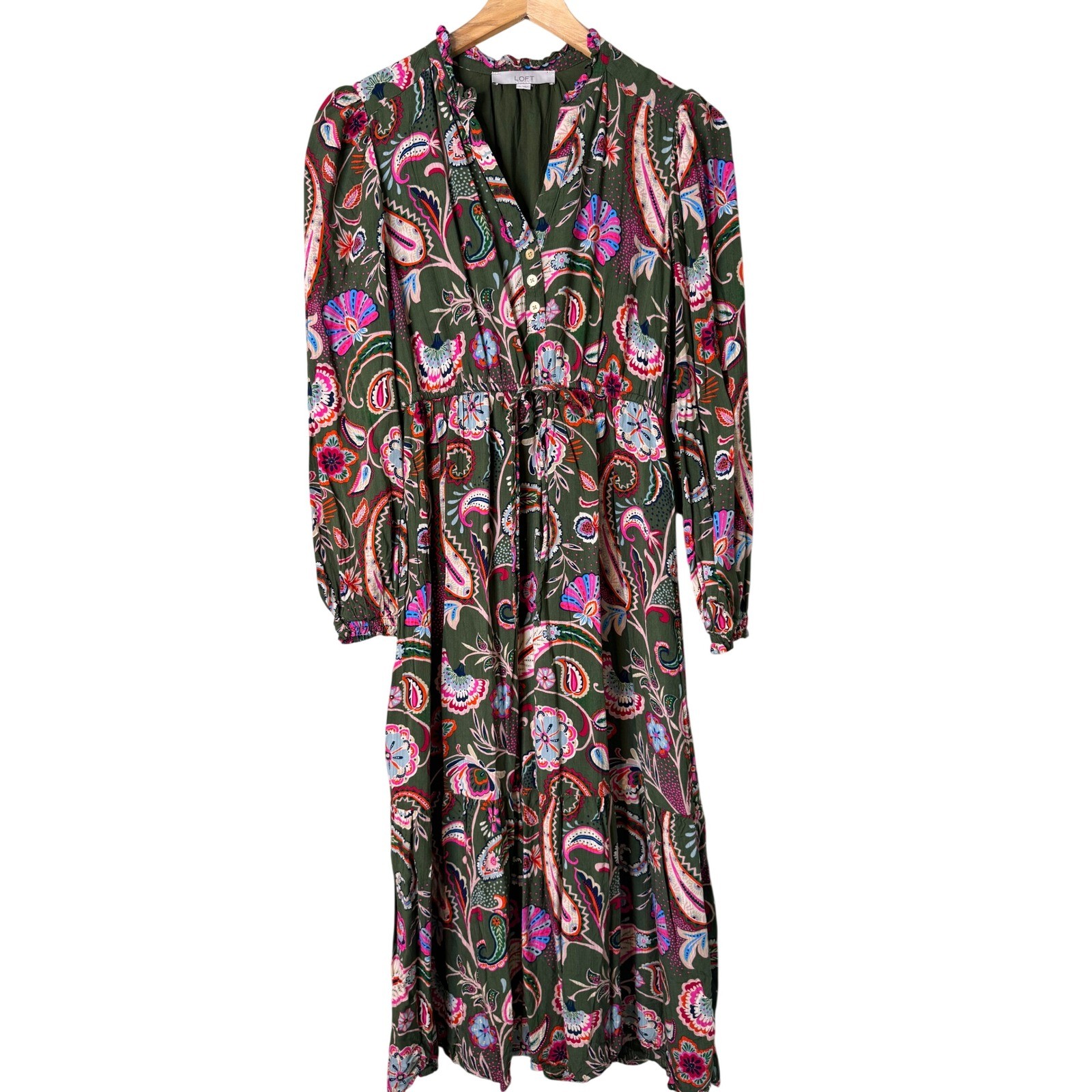 Olive Green Boho Prairie Maxi Dress Paisley Floral Cottagecore Peasant Small