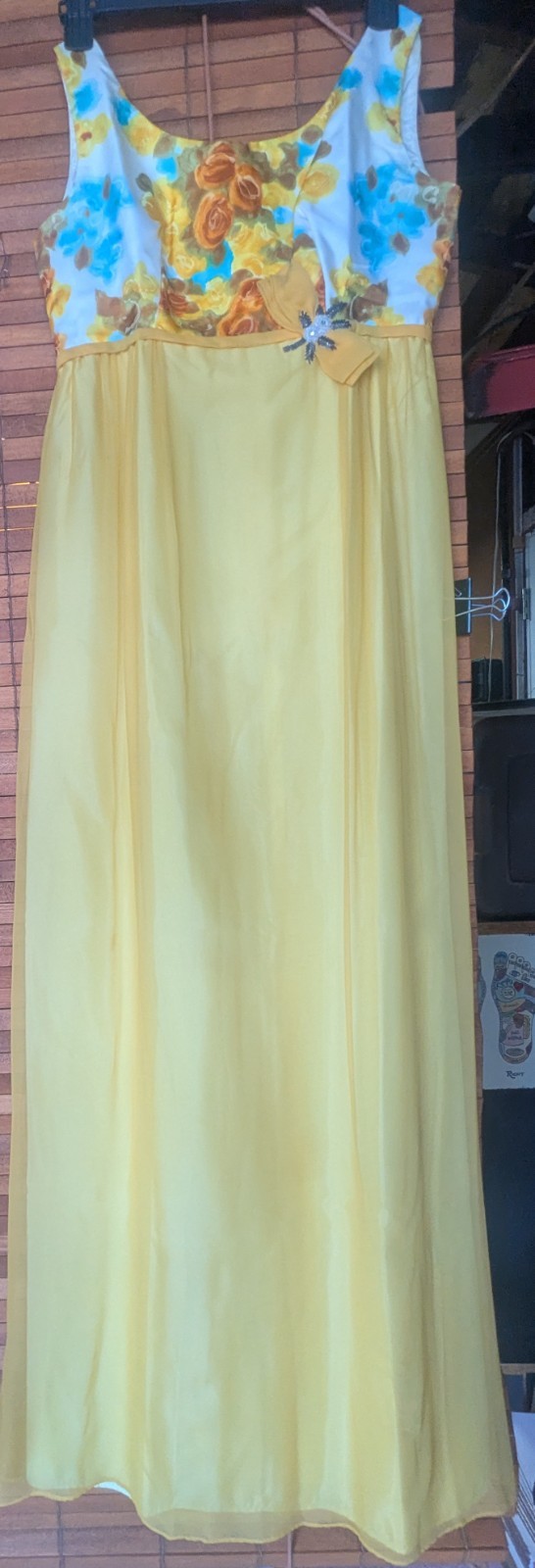 Vintage 1960s Emma Domb California Yellow Floral Chiffon Empire Maxi Gown USA 9