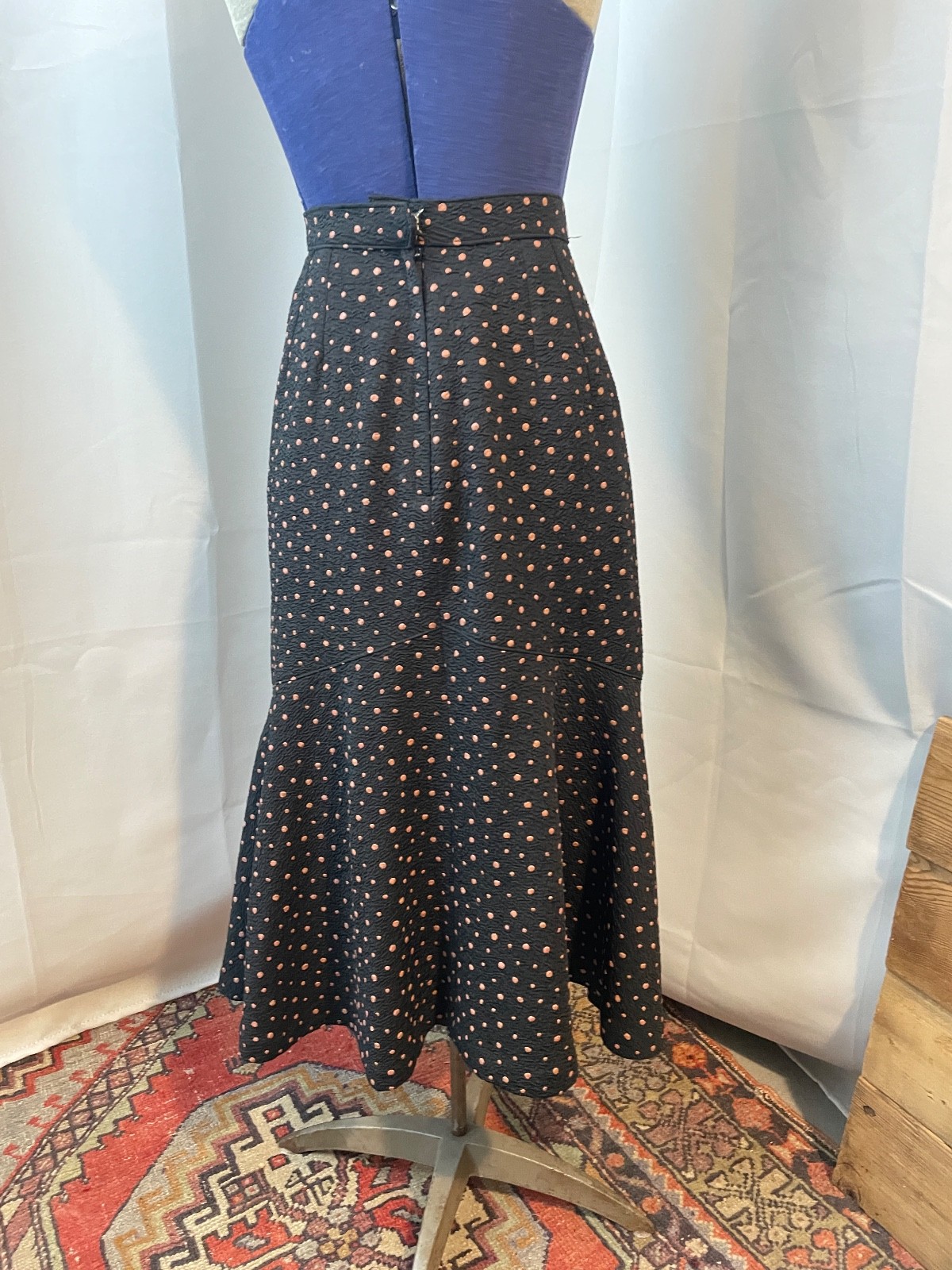 Polka Dot Ruffle Pinup Skirt Black and Tan Crepe 1950s Vintage Rockabilly S