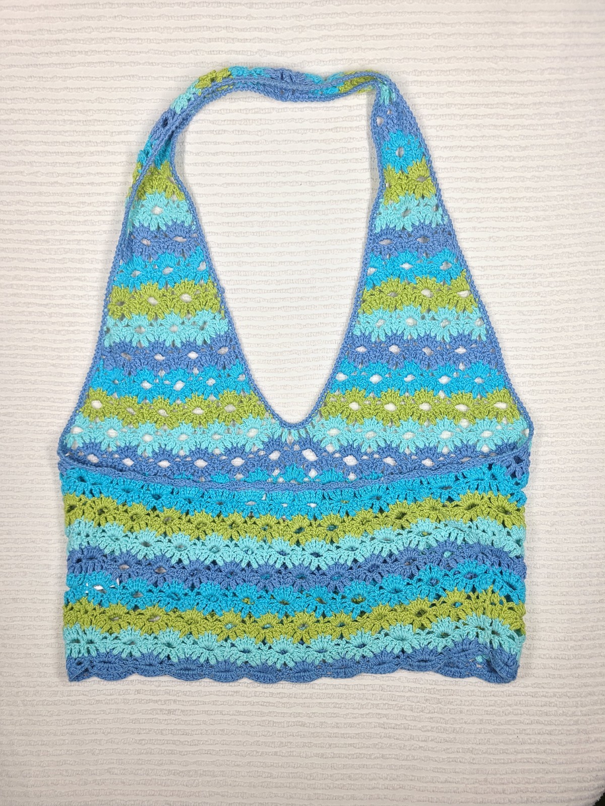 1990s Crochet Halter Top Retro Stripe Fan Stitch Cotton Ramie Medium Mall Hippie