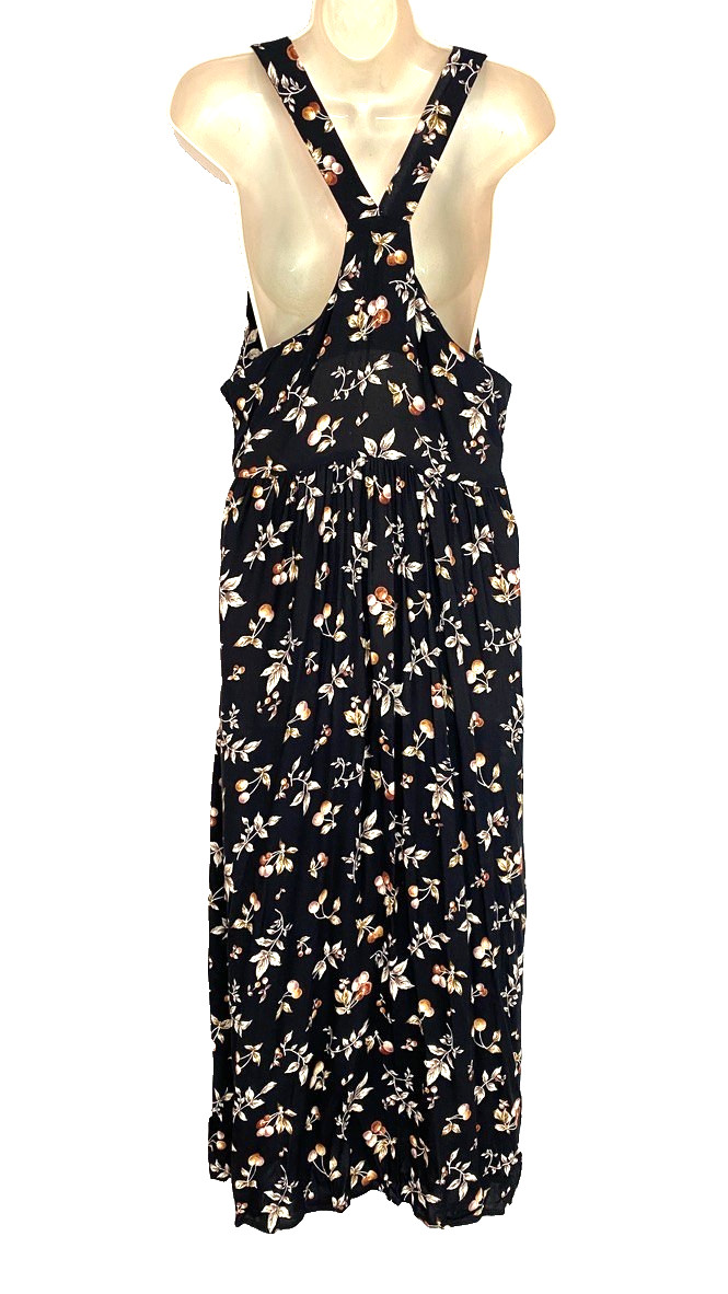 Vintage 1990s black cherry maxi dress S M jumper sleeveless rayon novelty print