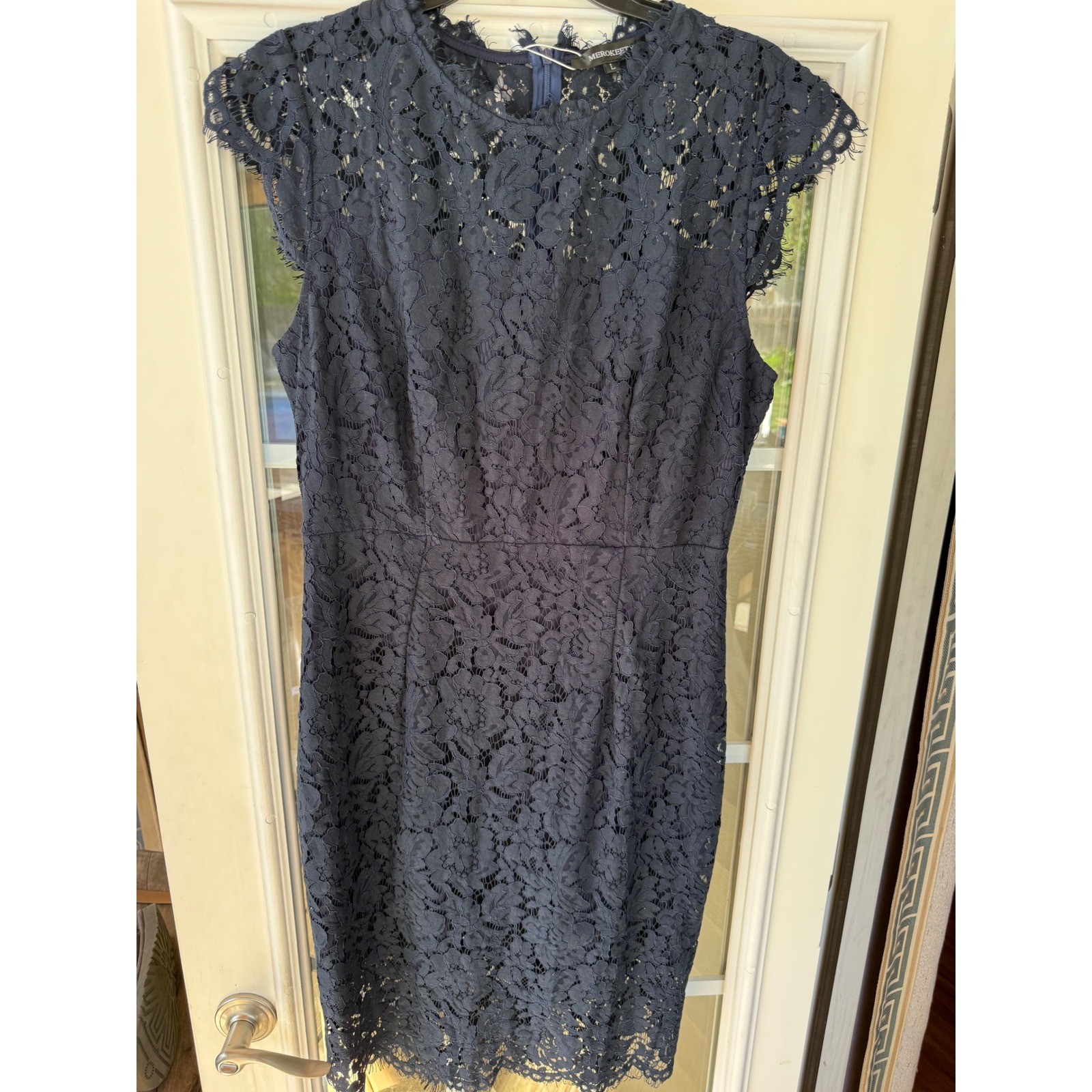 Lace navy cocktail wedding guest dress cap sleeves, illusion neckline, lg