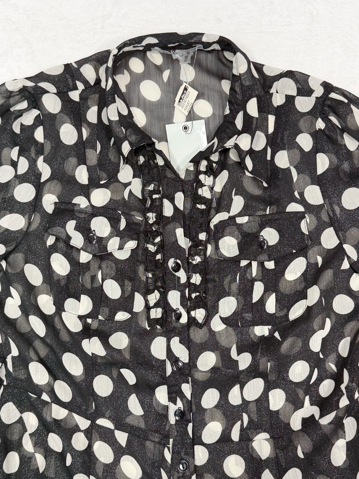 Vtg Black & White 90s Polka Dot NWT Sheer Chiffon Large Dress Ruffled Button Up