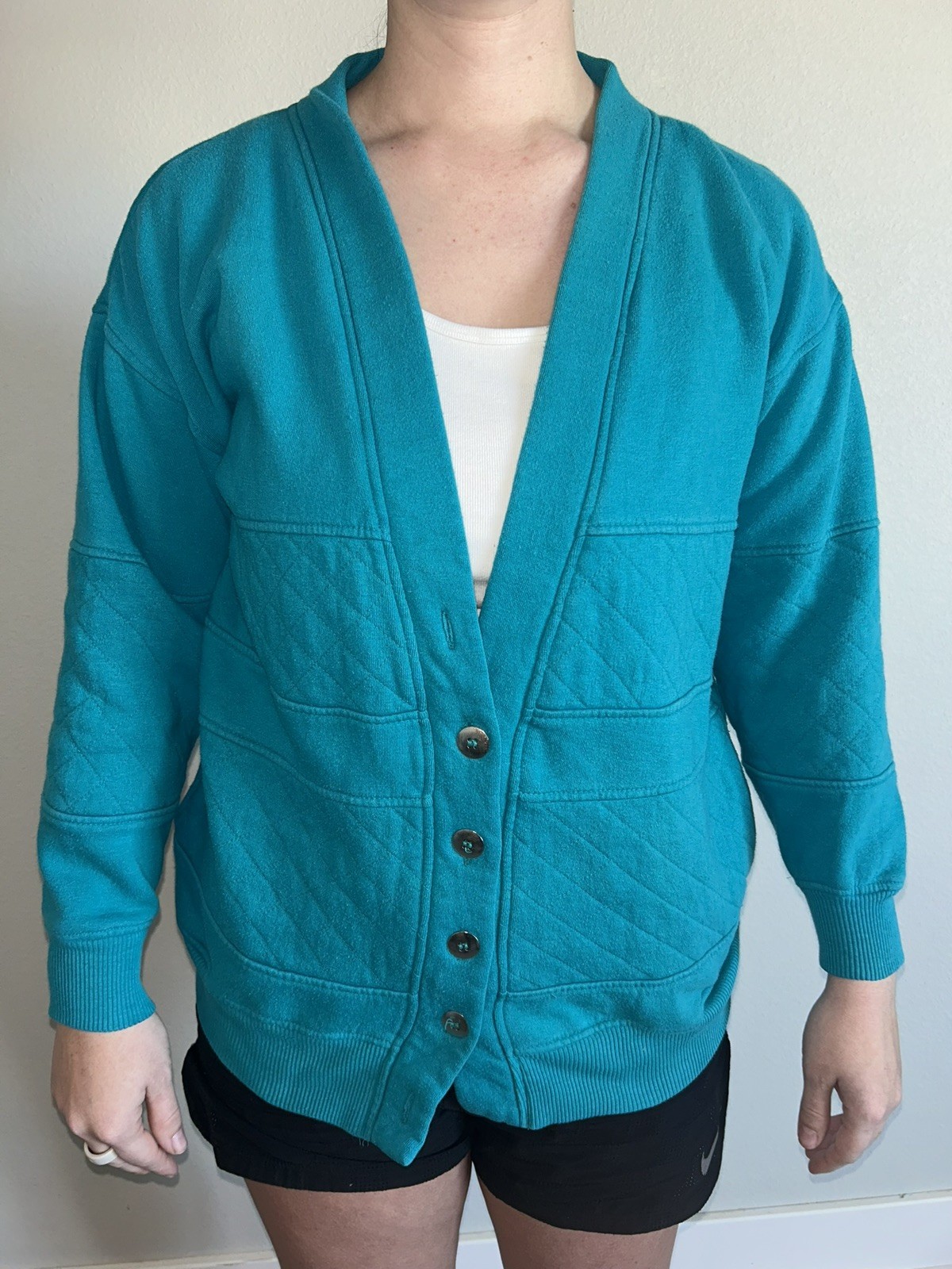 Vintage White Stag 90’s turquoise cardigan sweatshirt jacket w/ Side Pockets