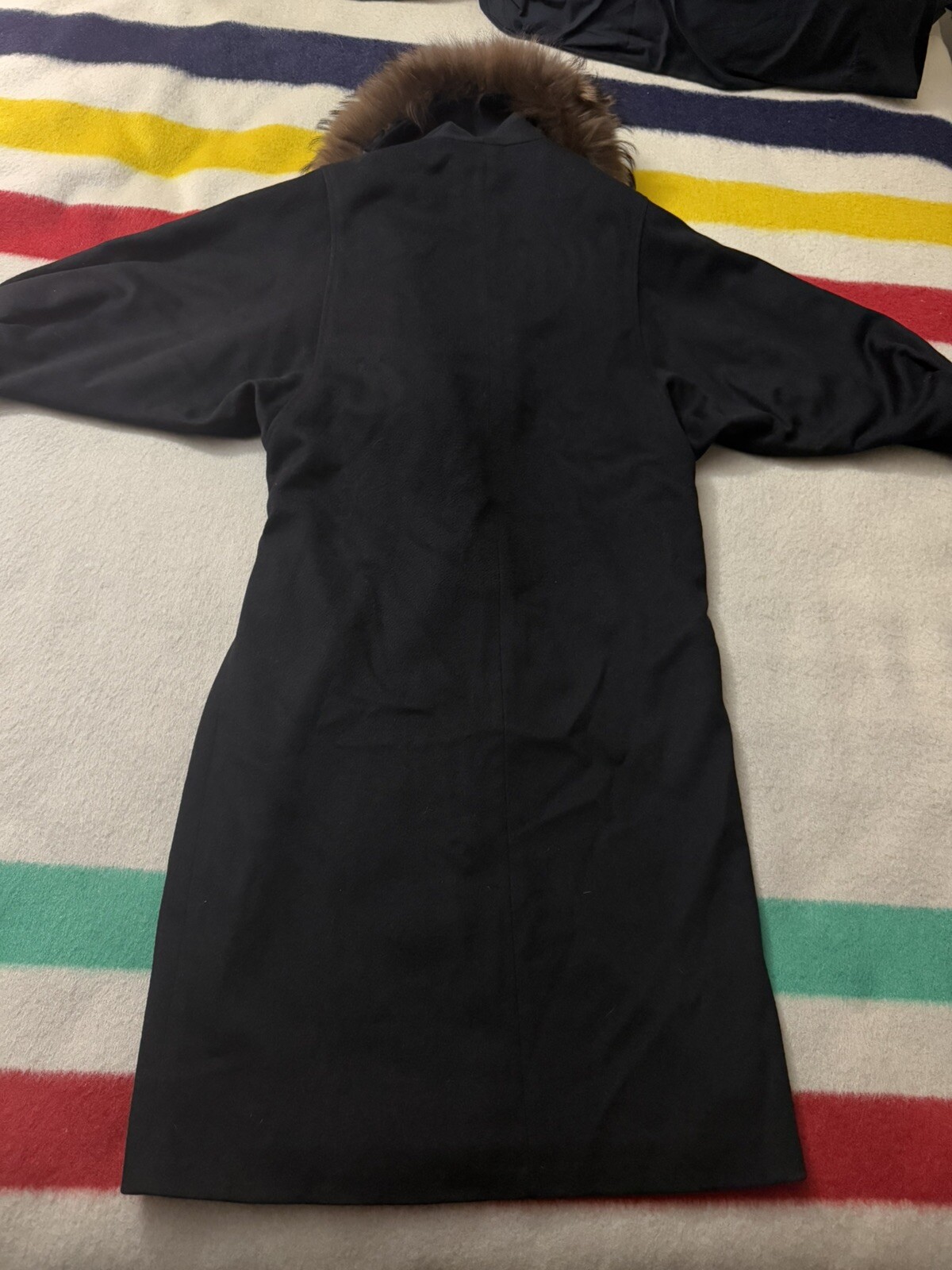 Vintage Gemini Black Full Length Wool Coat Jacket Finncoon Raccoon Fur Collar XL