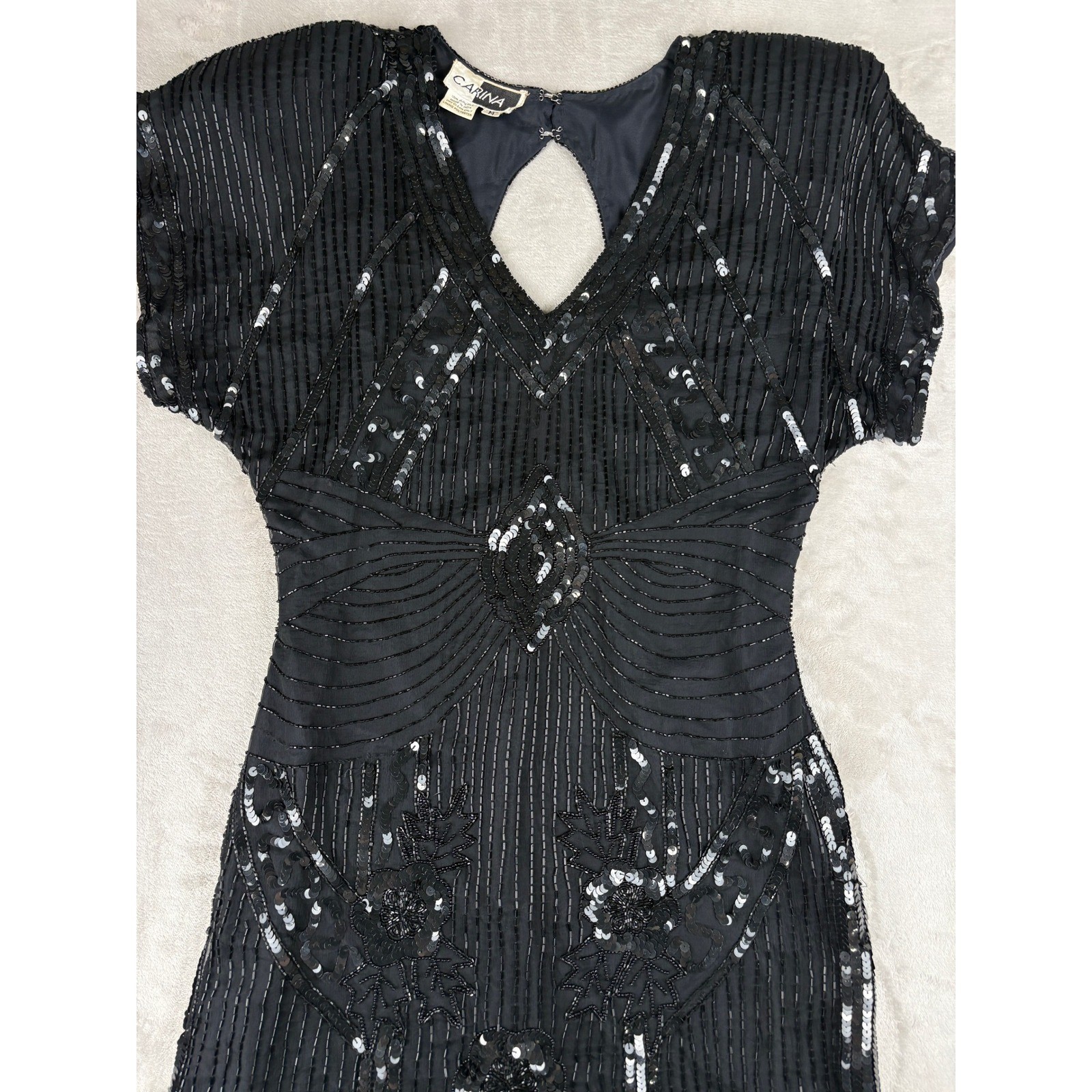 Vintage Carina Black Pure Silk Beaded Sequin Art Deco Flapper Mini Dress Medium