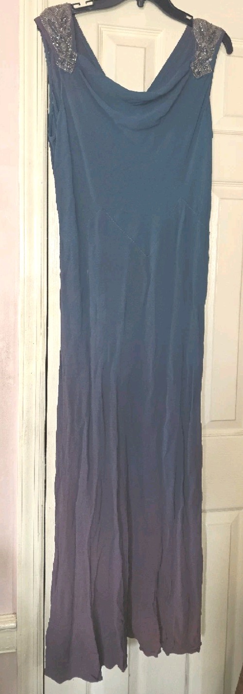 Antique 1930s DARK TEAL 2 TONE bias cut EVENING GOWN SILVER BEADED SHOULDER L-XL
