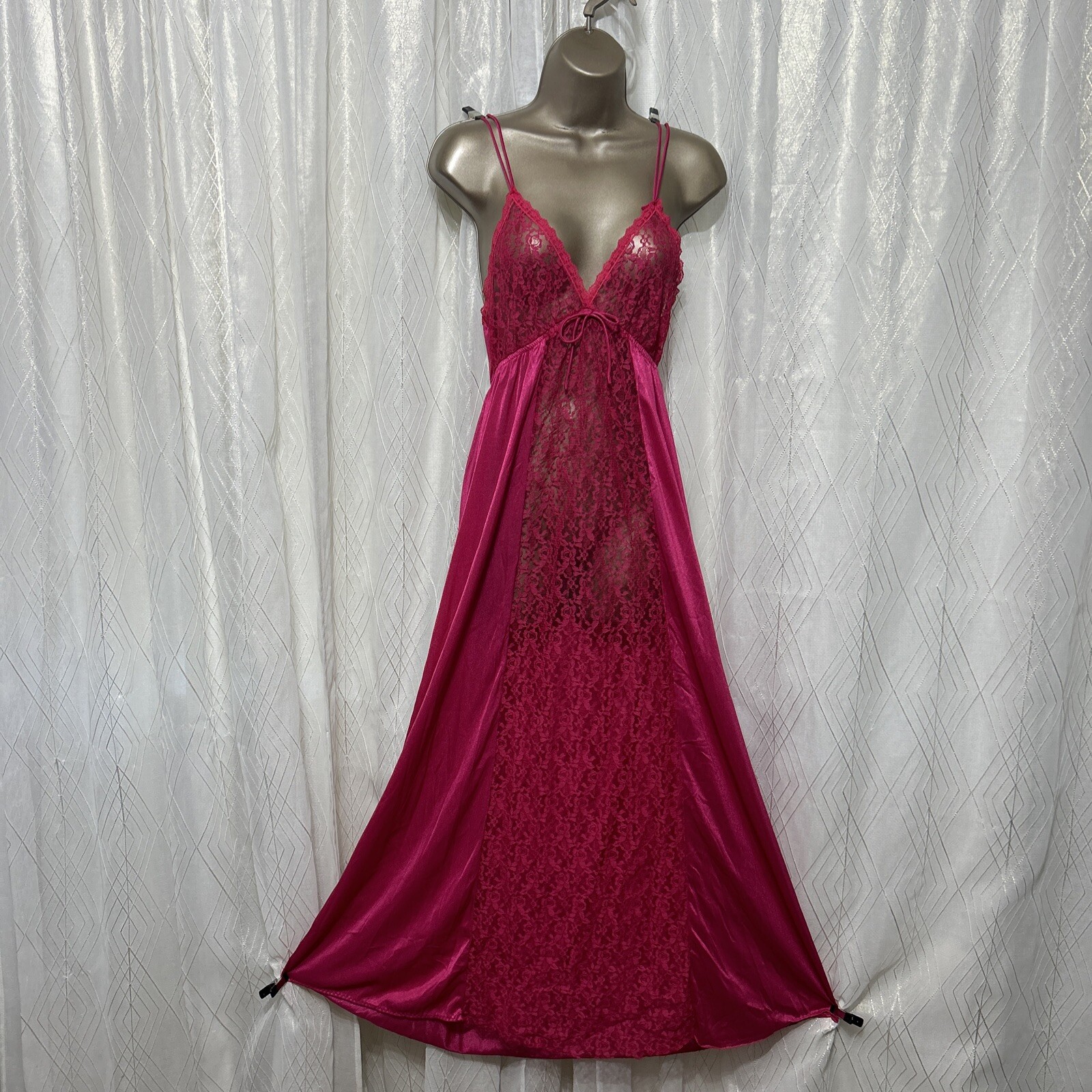 VTG 1X JILL Andrea of New York Nightgown Negligee Rich Hot Pink Nylon Lace Sheer