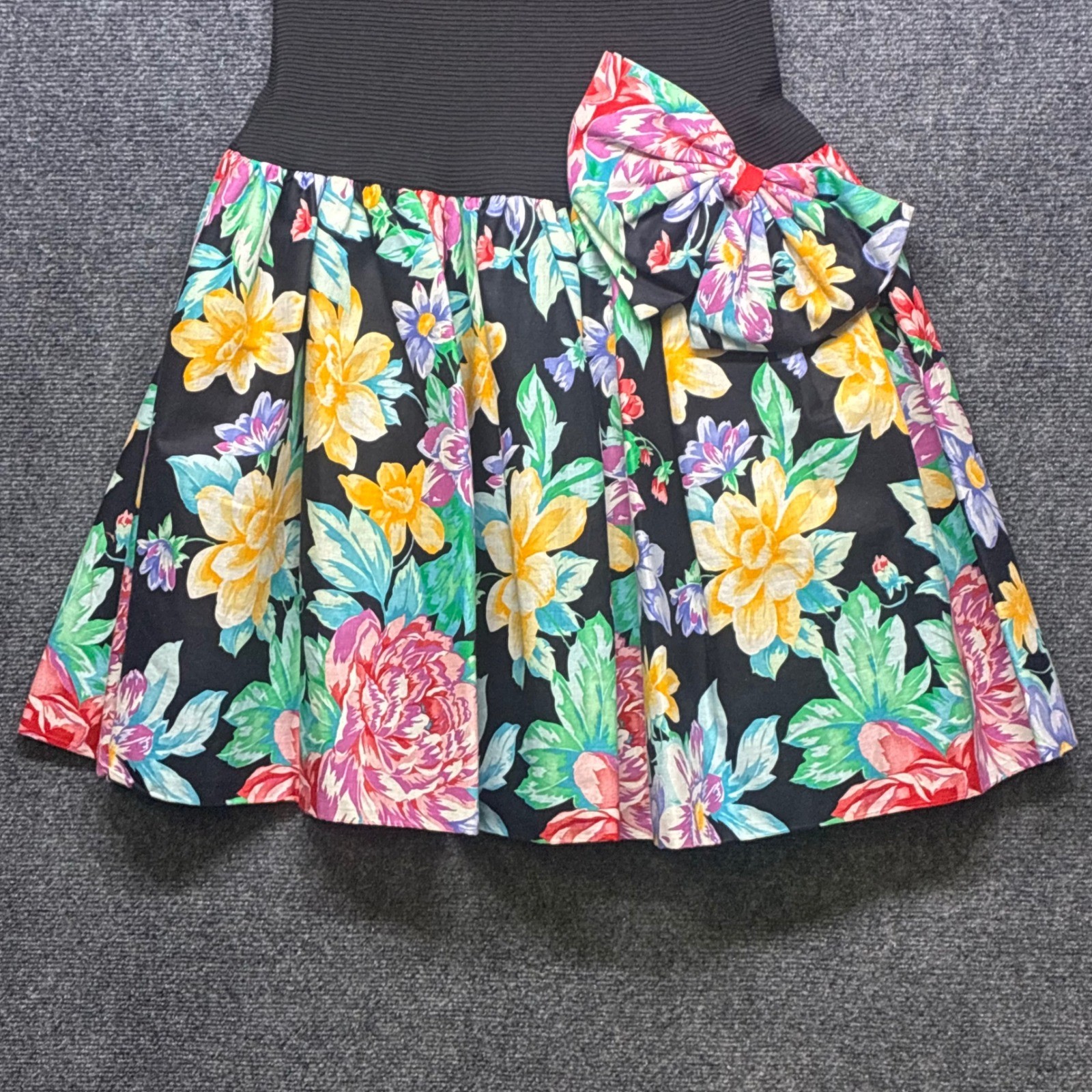 Vintage 80s Huey Waltzer for Darcy Floral Bow Drop Waist Dress 7/8 Mock Neck