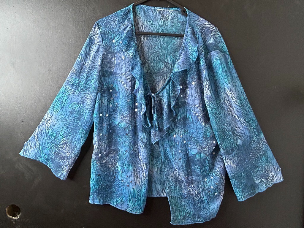 Vintage y2k Ladies Sheer Blue Cascade Ruffle Blouse Sequin Summer Hippie AU 12