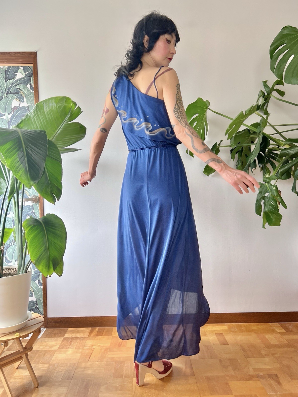 VTG 70s Disco Maxi Dress Airbrush Paint One Shoulder Gown S/M Studio 54 Dress