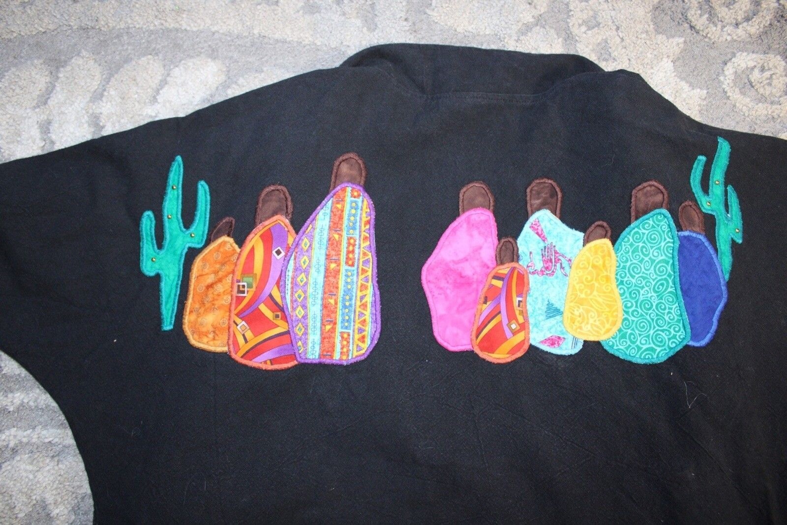 Alfredos Wife Black Cardigan Style Embroidered Western Themed Cactus Whimsical