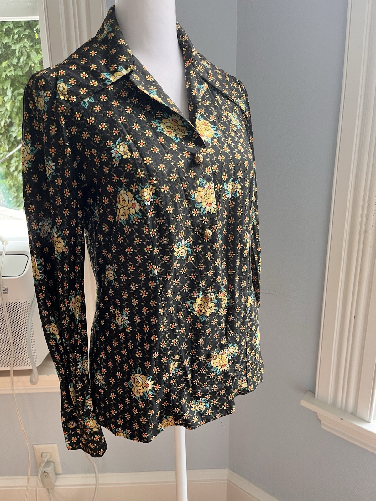 Vintage 70s Psychedelic Metallic Lurex Disco Blouse Mod Gold Floral Shirt Small