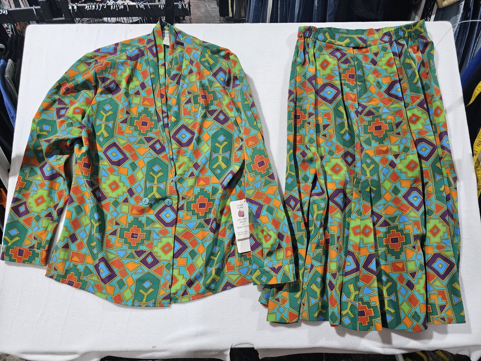 Retro 90s Geometric Print Set Deadstock NWT Art Eclectic Grandma Blazer Skirt M
