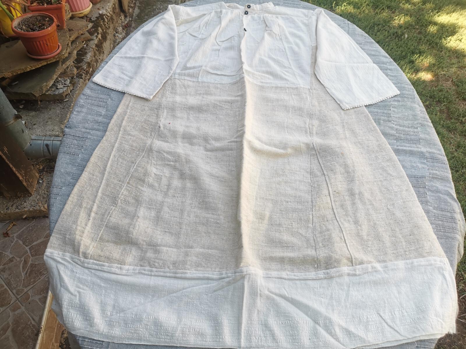 OLD PRIMITIVE WOMENs LONG WHITE SHIRT HOMESPUN FABRIC HEMP CLOTH