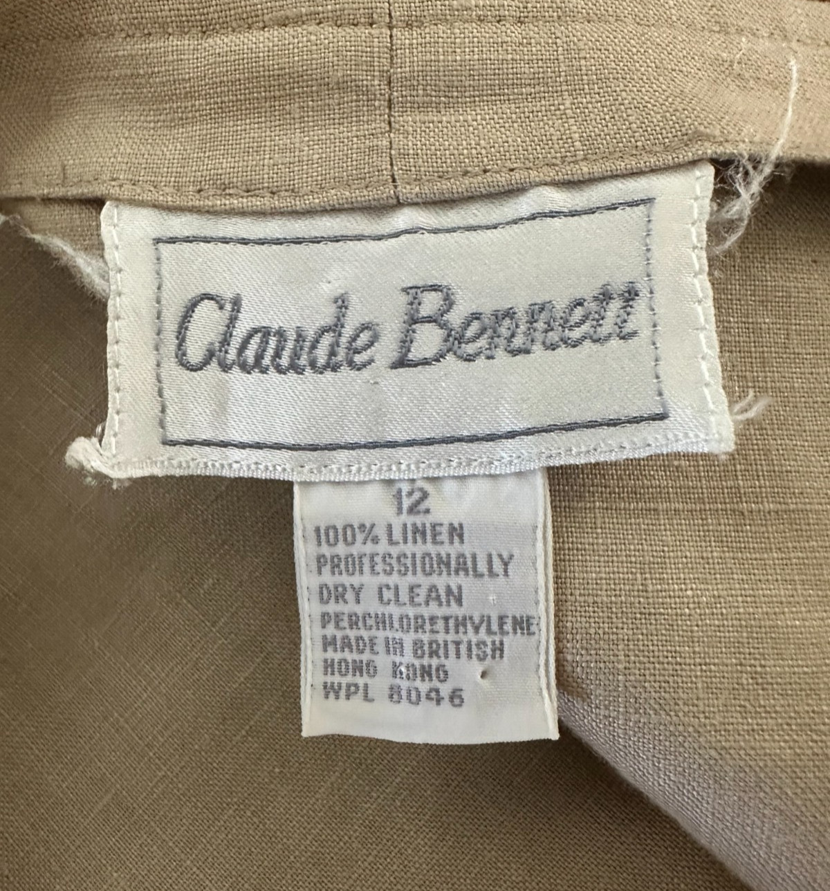 Claude Bennett Short Sleeve 100% Linen Size 12 tan button up blouse vtg