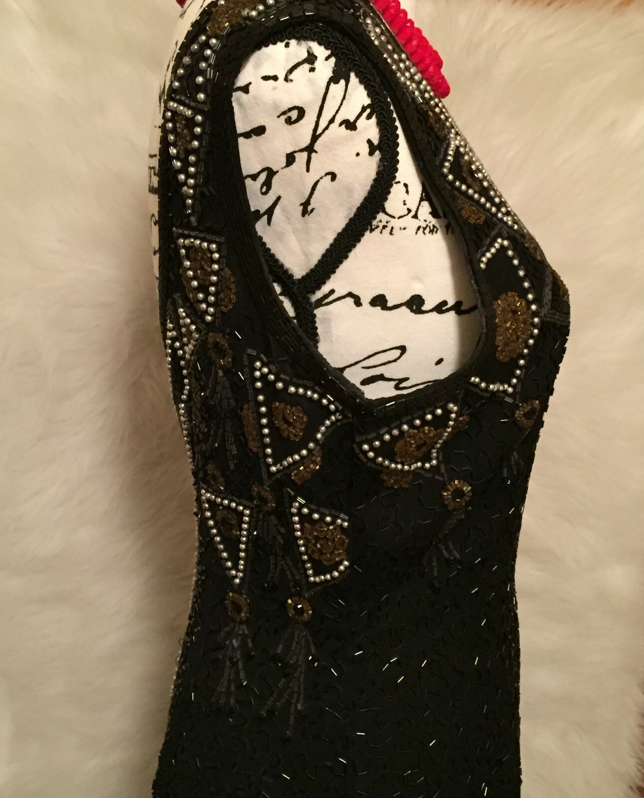 Vintage A.J. Black Formal Dress Gold and Silver Beaded Size 8 100% Wool