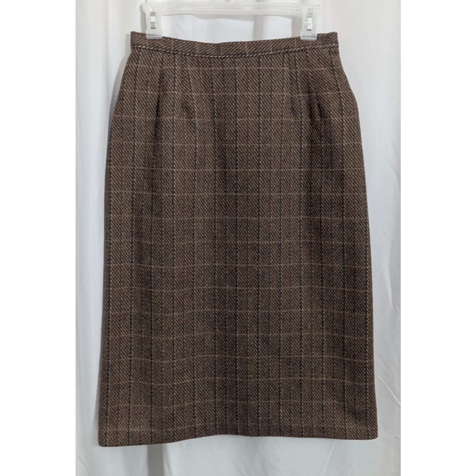 Vtg 80s Ira Joyce Brown Tweed Wool Blend Midi Skirt 28.5W Dark Academia T1