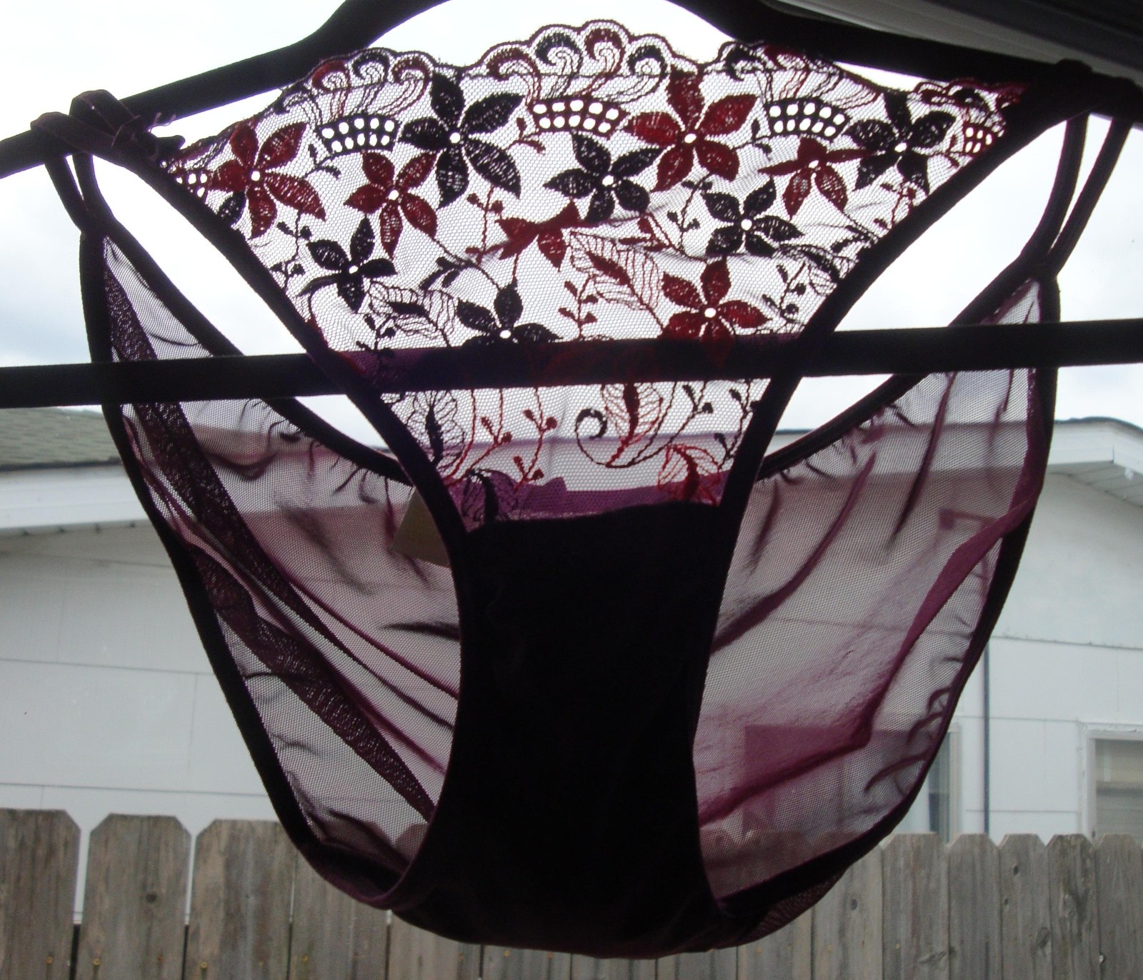 Vintage 7 L Purple Mesh Double String Bikini Panty w/ Floral Lace & Bows