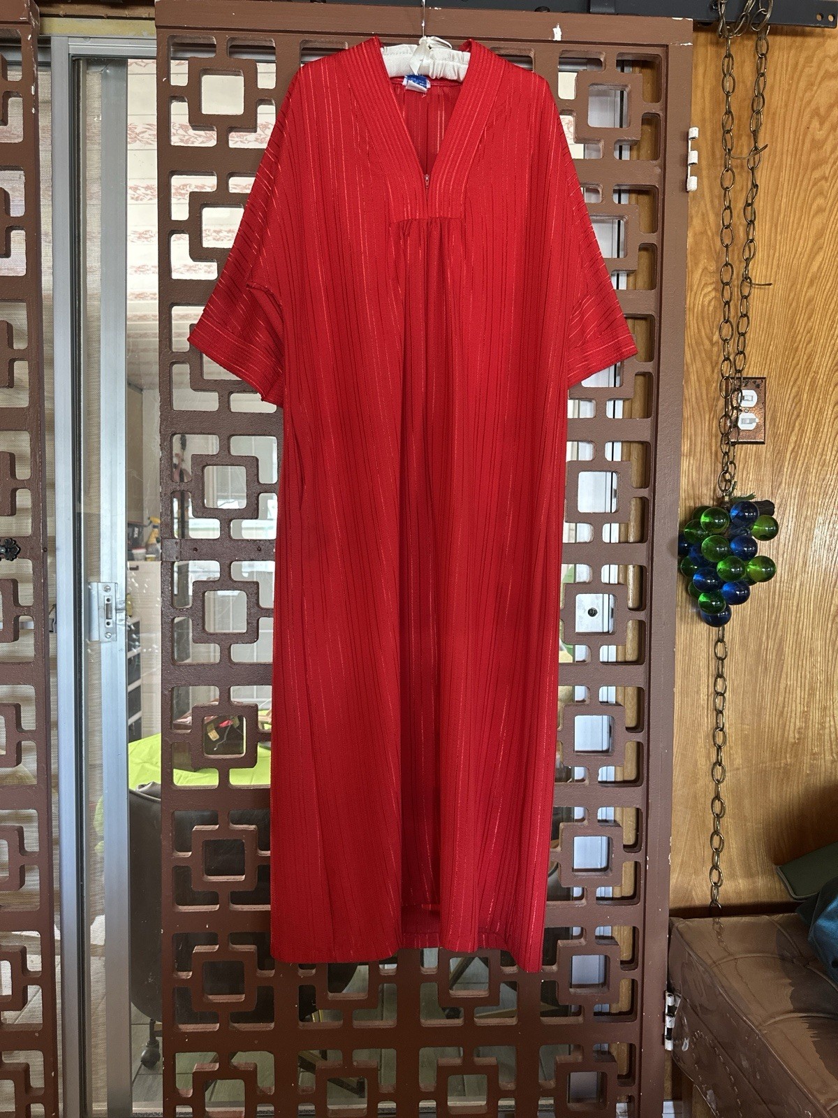Vintage 70s Red APPEL Caftan Hostess Maxi Dress Ribbed Polyester Retro OSFM