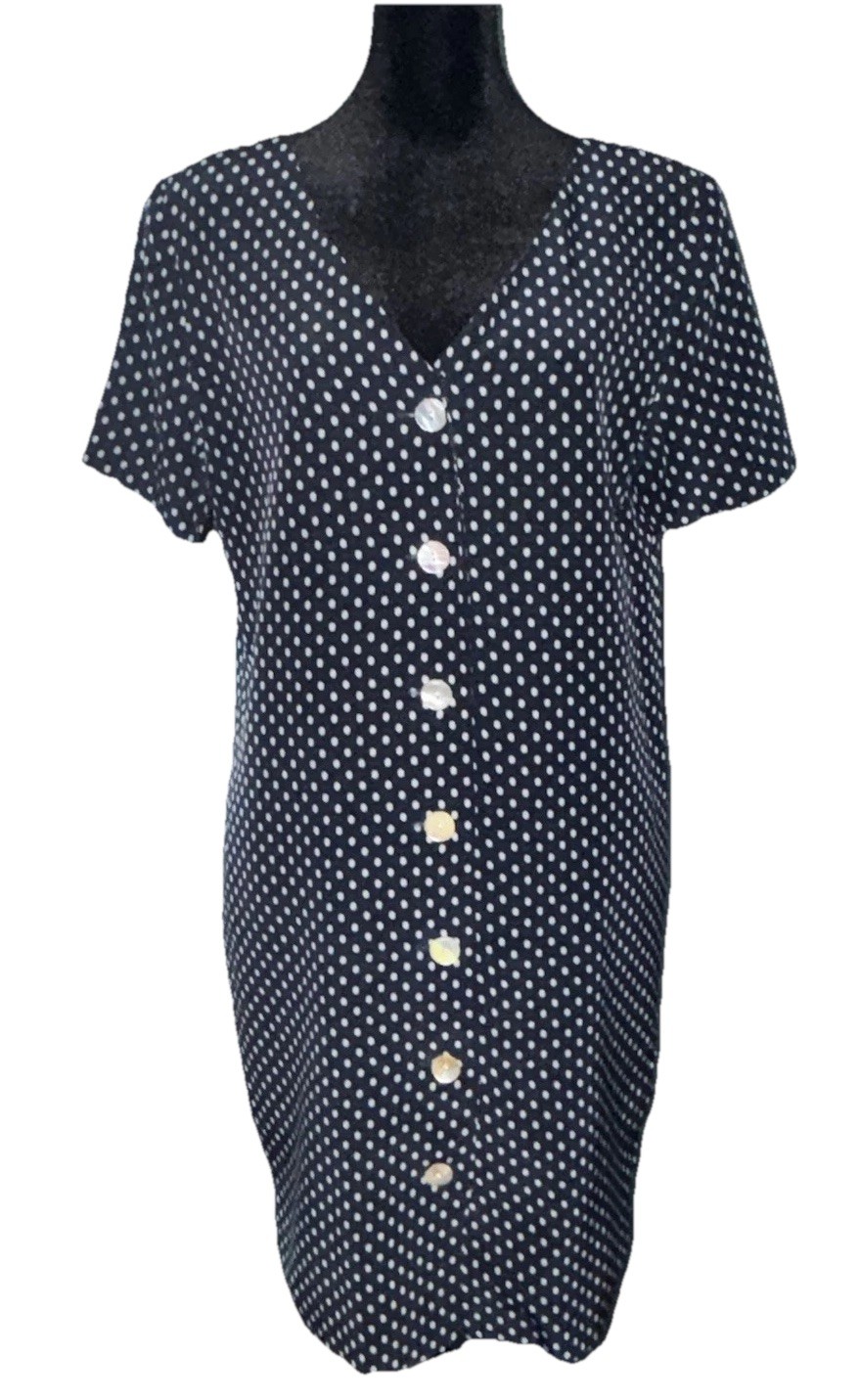 Vintage Ann Taylor 100% Silk Dress Iridescent Buttons Blue White Polka Dots Sz 4