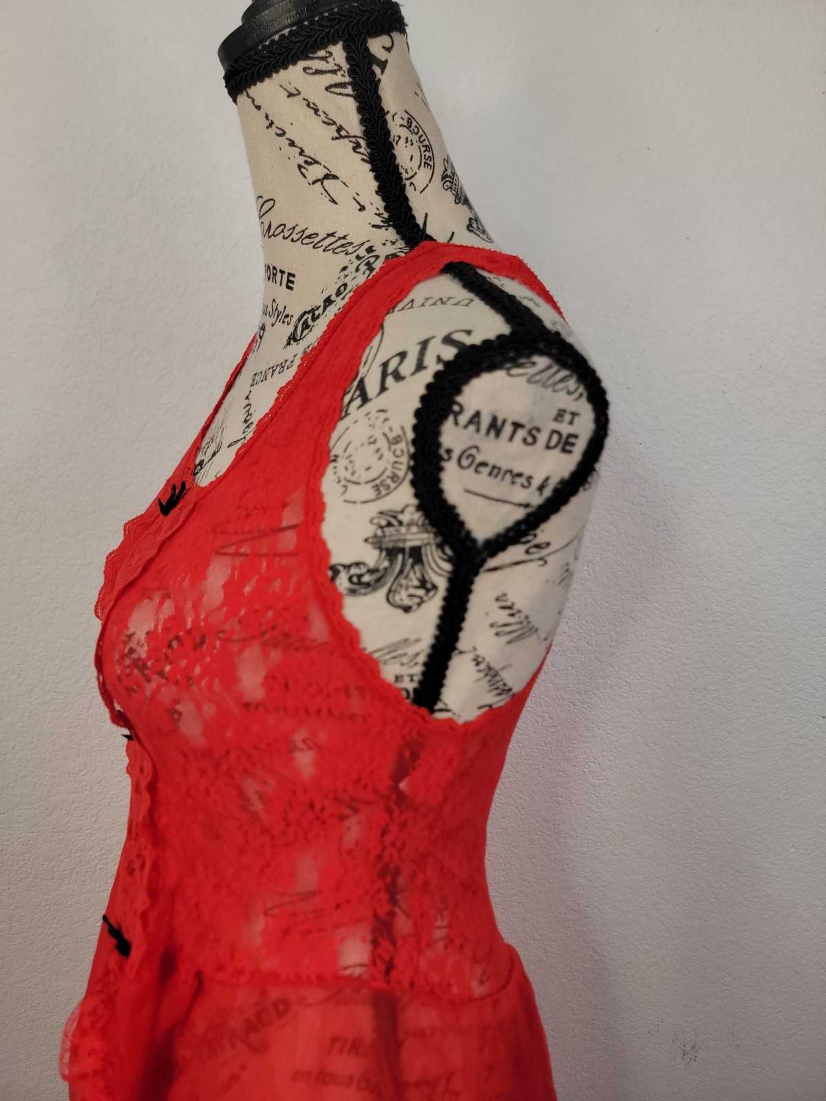 Vtg Stroke of Midnight Red Chemise L Sheer Lace Lingerie Coquette Babydoll USA