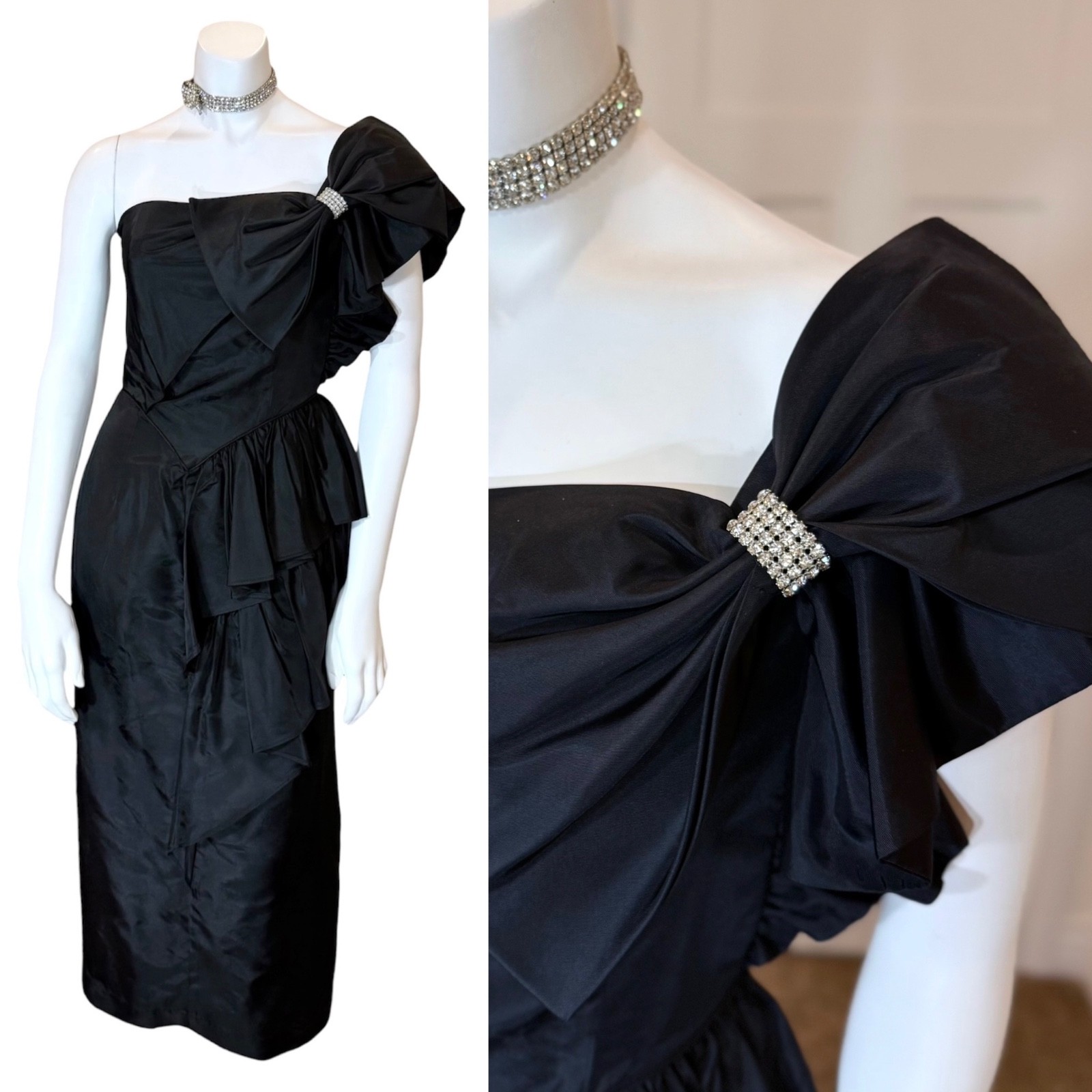Vintage 80’s RUFFLE PARTY DRESS w RHINESTONE BOW S Cocktail Black Midi Evening