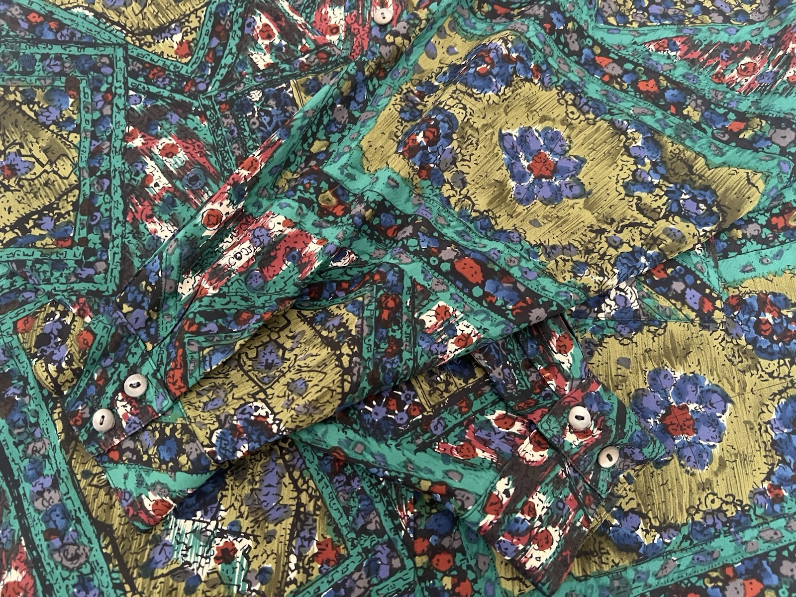 Vintage 80 LASSERRE Paris Floral Green Top Blouse Sz 44/12 US France Luxury Soft