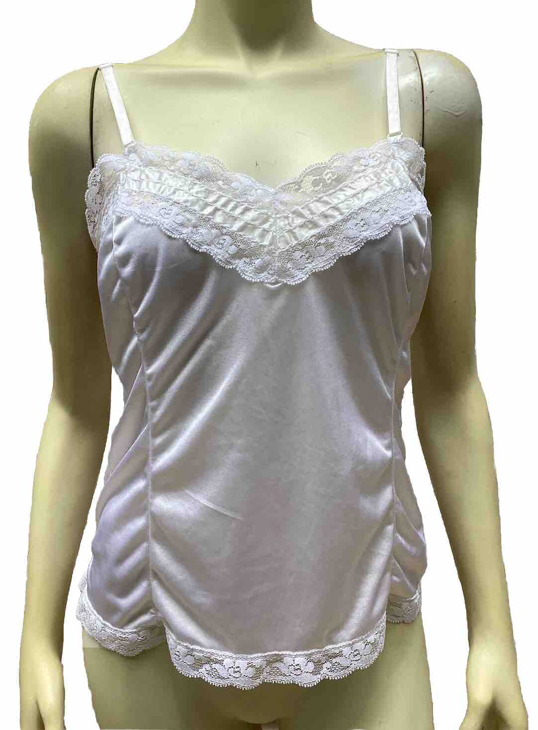 Mei-Lin Vintage Nylon White Camisole WN SZ M ADJ. STRAPS RIBBON/Lace Trim MINT