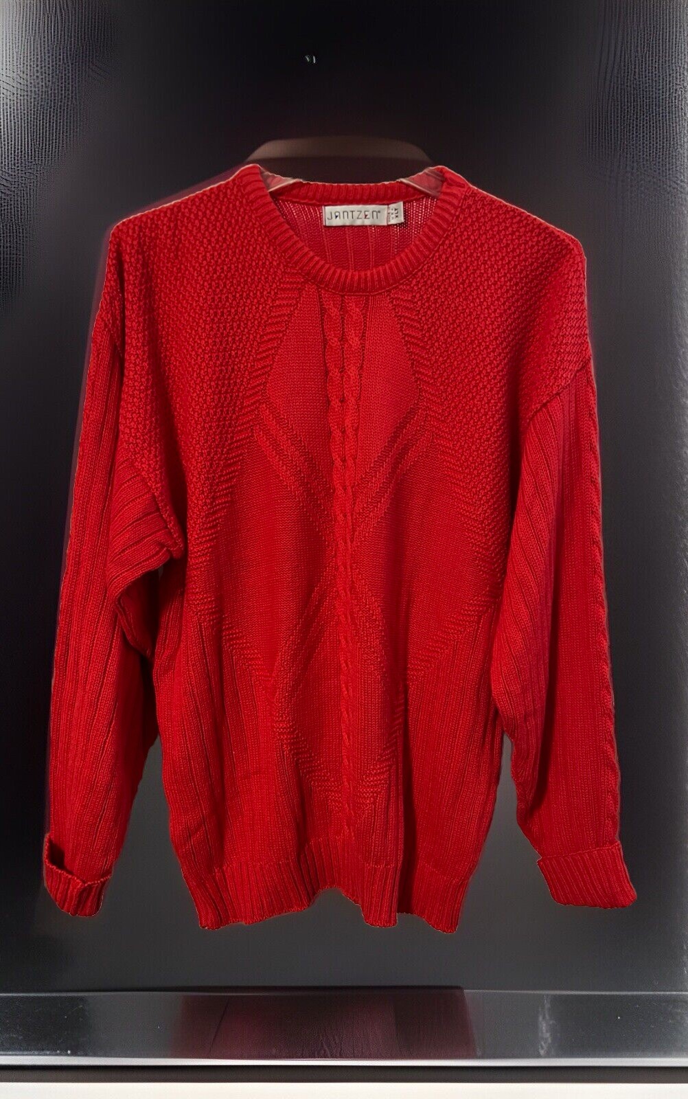 Vintage Jantzen Sweater Women Size XLT Red Crew Neck Cable Knit Fisherman Heavy