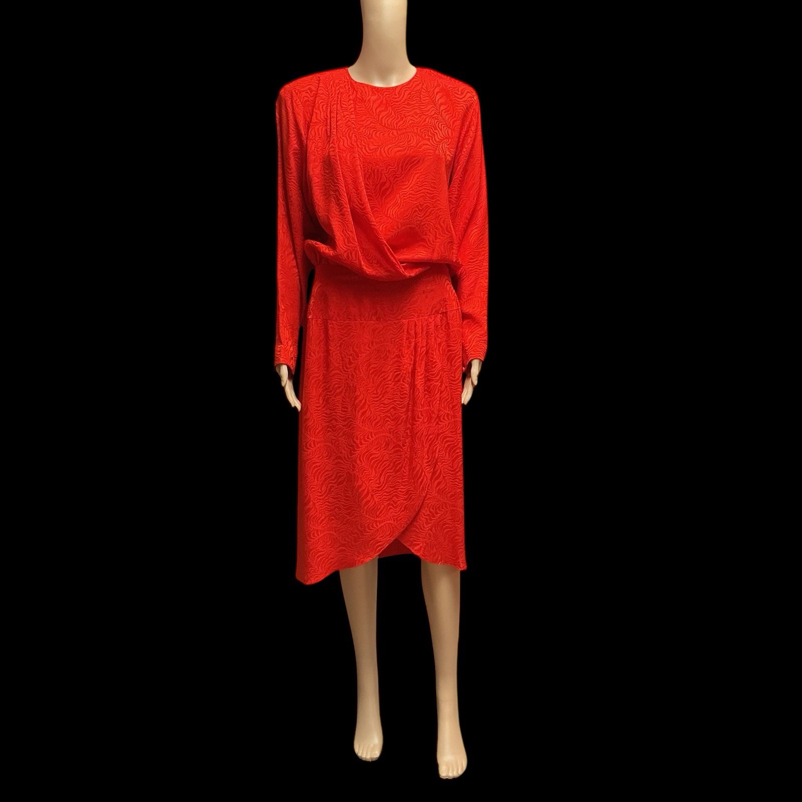 80s Liz Claiborne Red Silk Dress Floral Jacquard Blouson Modesty Career Midi