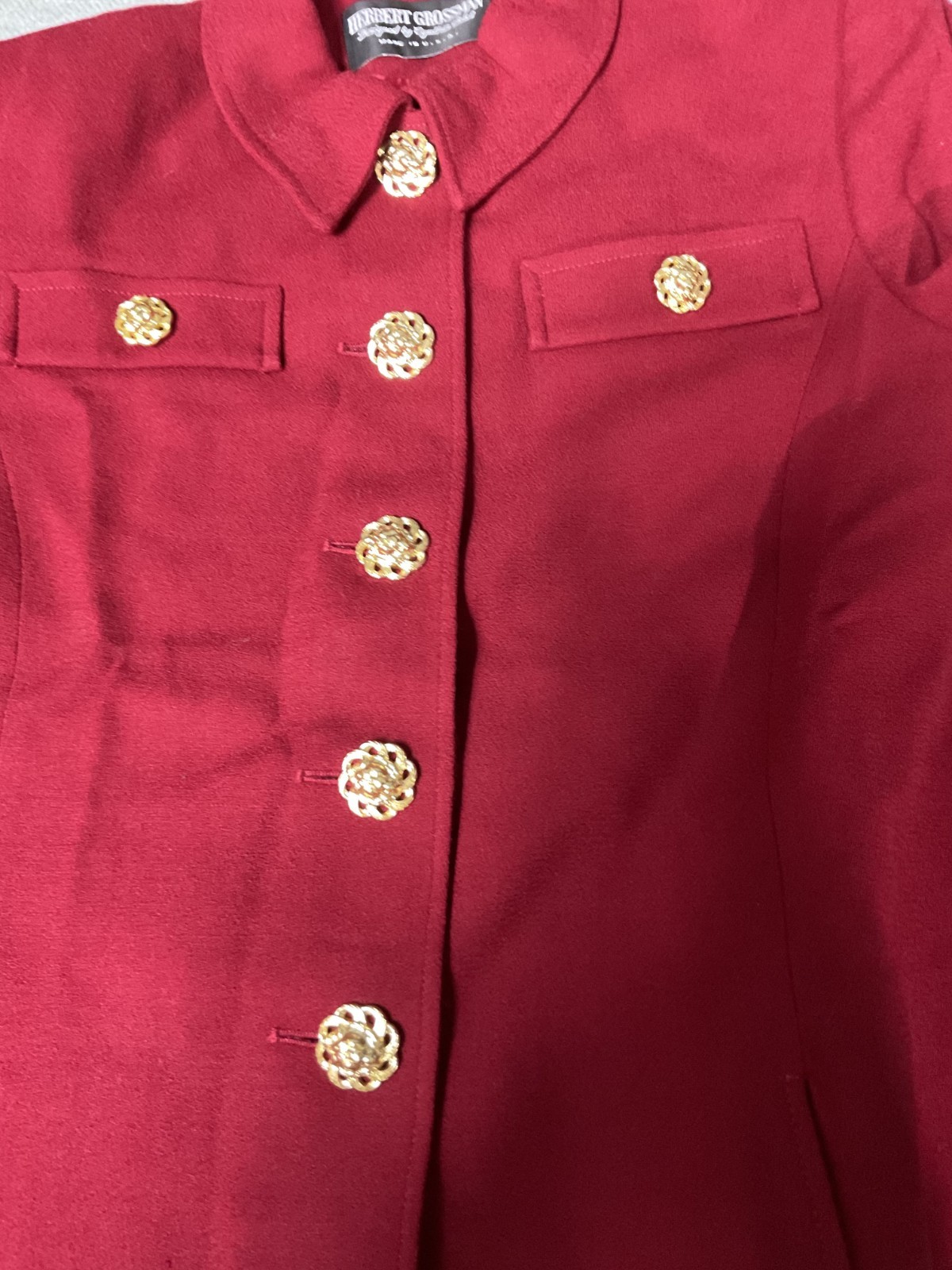 Herbert Grossman Vintage 1989s Red Skirt Suit Ornate Gold Butttons Size 8