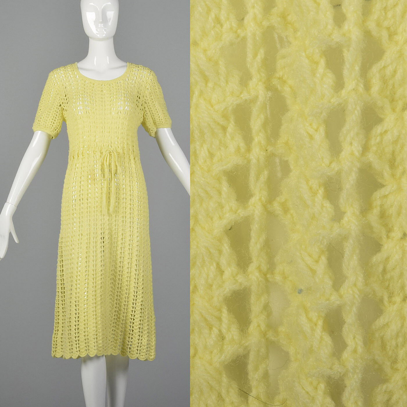 S 1960s Sheer Yellow Crochet Dress Short Sleeves Casual Day Wear Knit 60s VTG